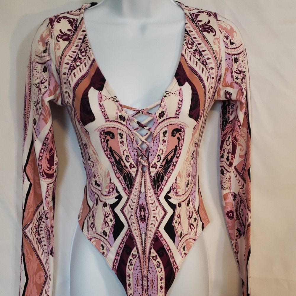 Free People Pink and Purple Asymmetrical Tie Front Bodysuit